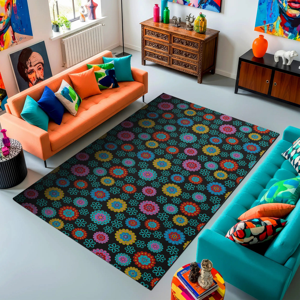 Living room with colorful rug, orange and blue sofas, and decorative items.
