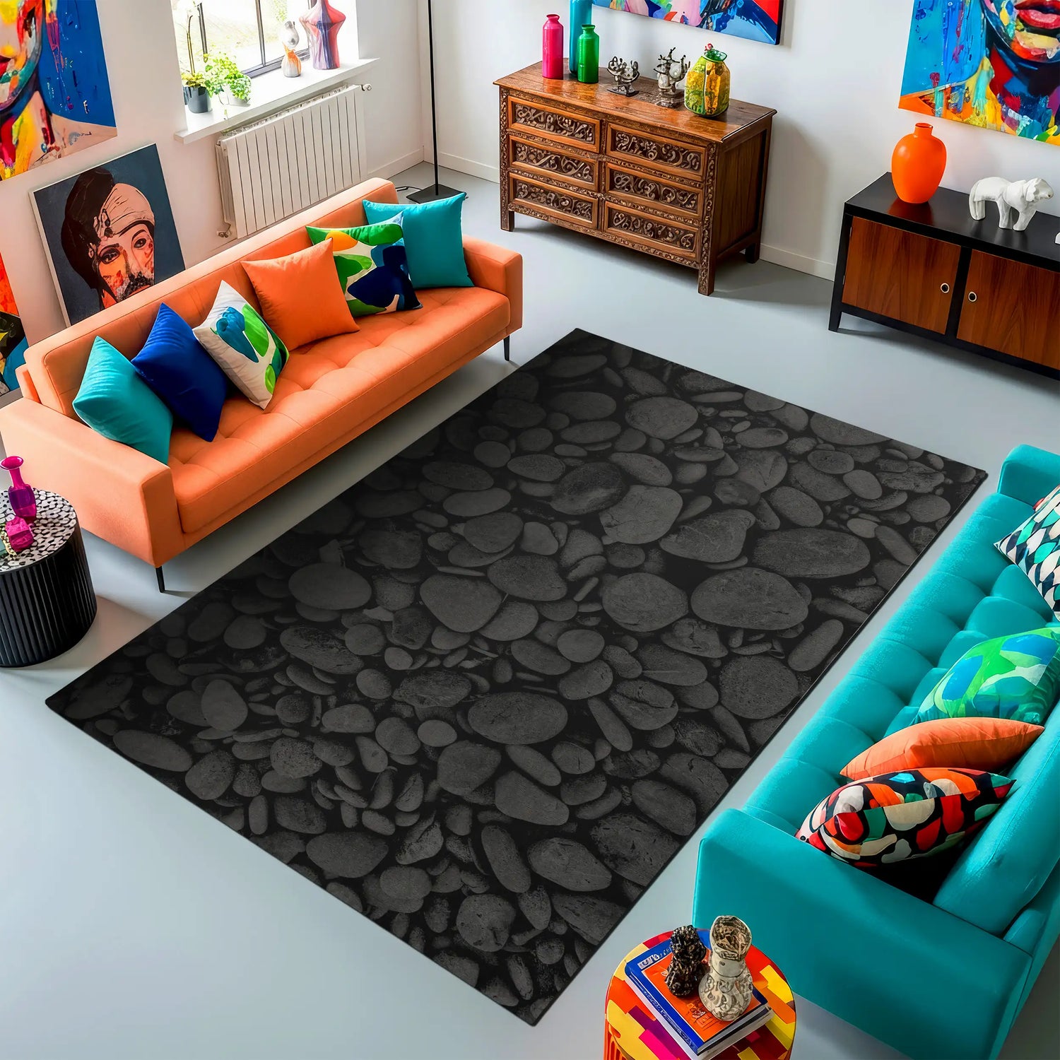 Living room with a black textured rug, colorful couches, and decorative items.