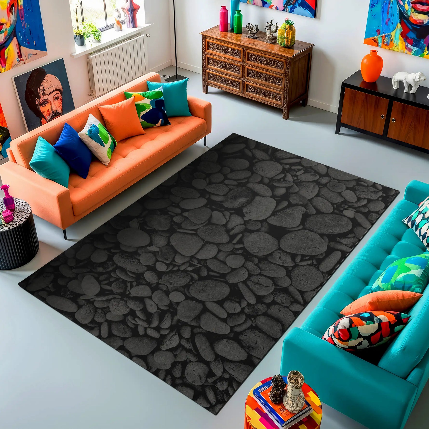 Living room with a black textured rug, colorful couches, and decorative items.