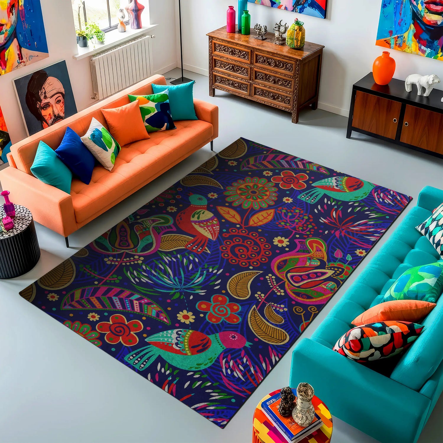 Colorful living room with a patterned rug, orange and teal sofas, and decorative items.