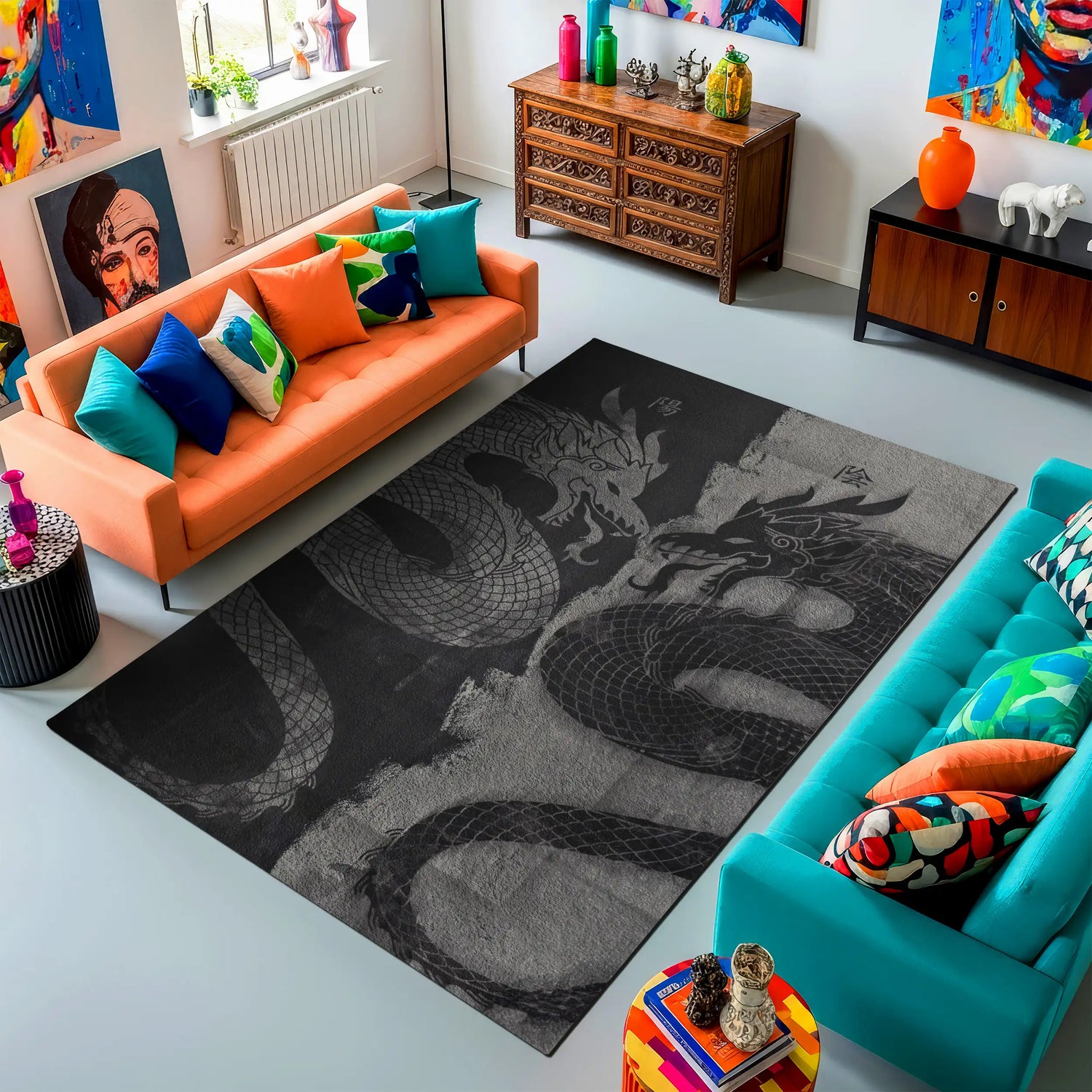 Black Dragon Rug – Japanese Tattoo Style Monochrome Area Carpet