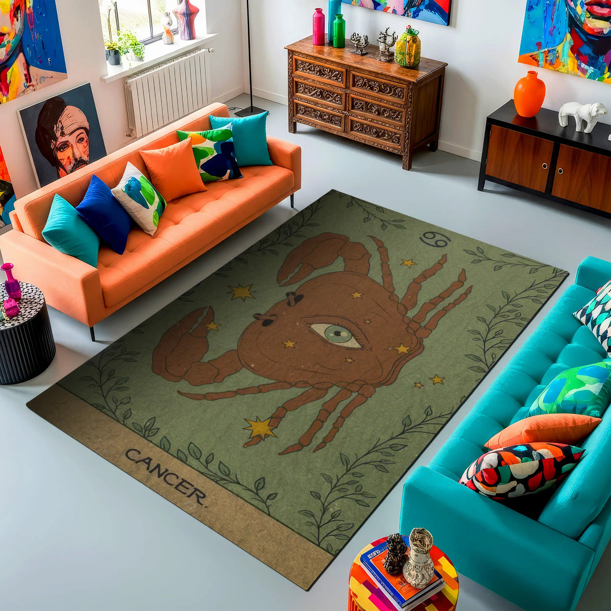 Living room with a colorful rug featuring a crab design and 'Cancer' text.