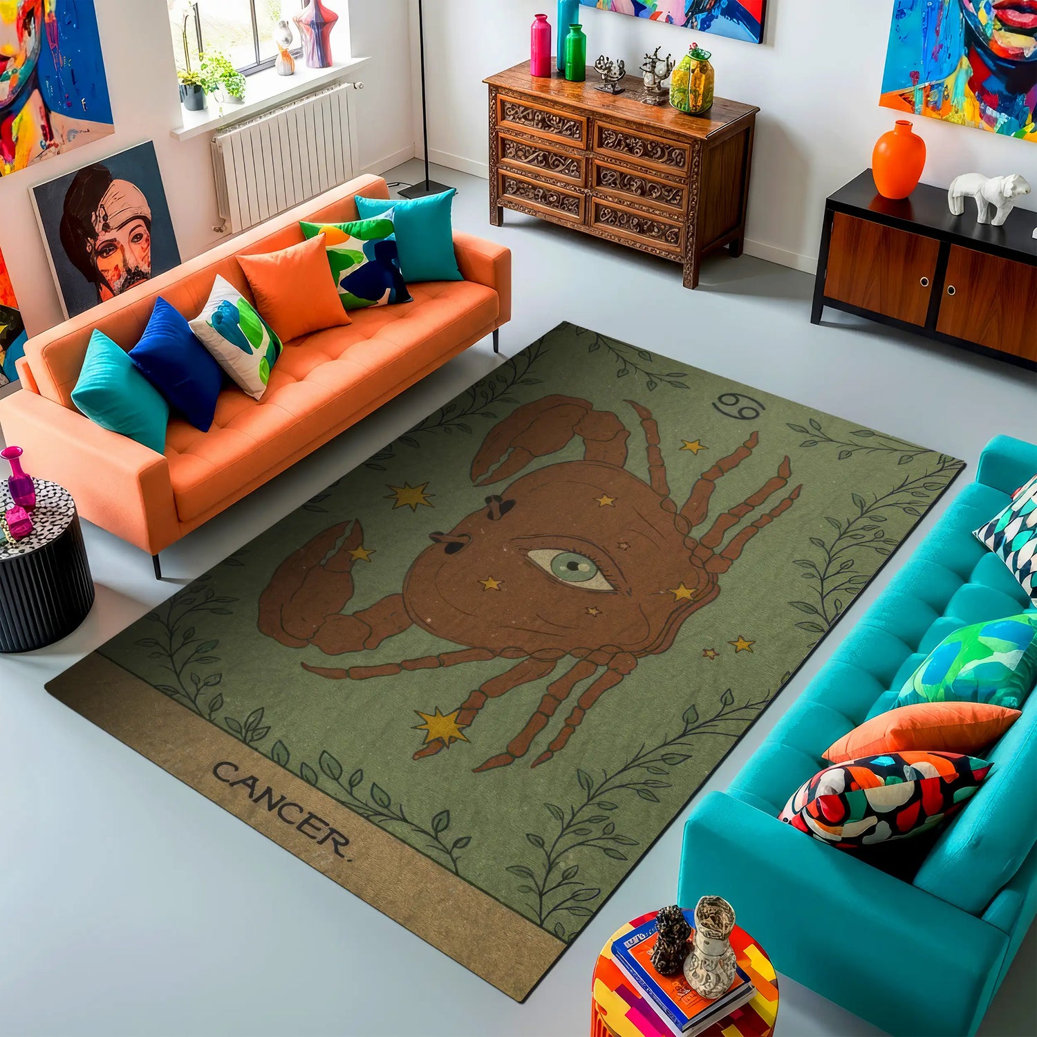 Living room with a colorful rug featuring a crab design and 'Cancer' text.
