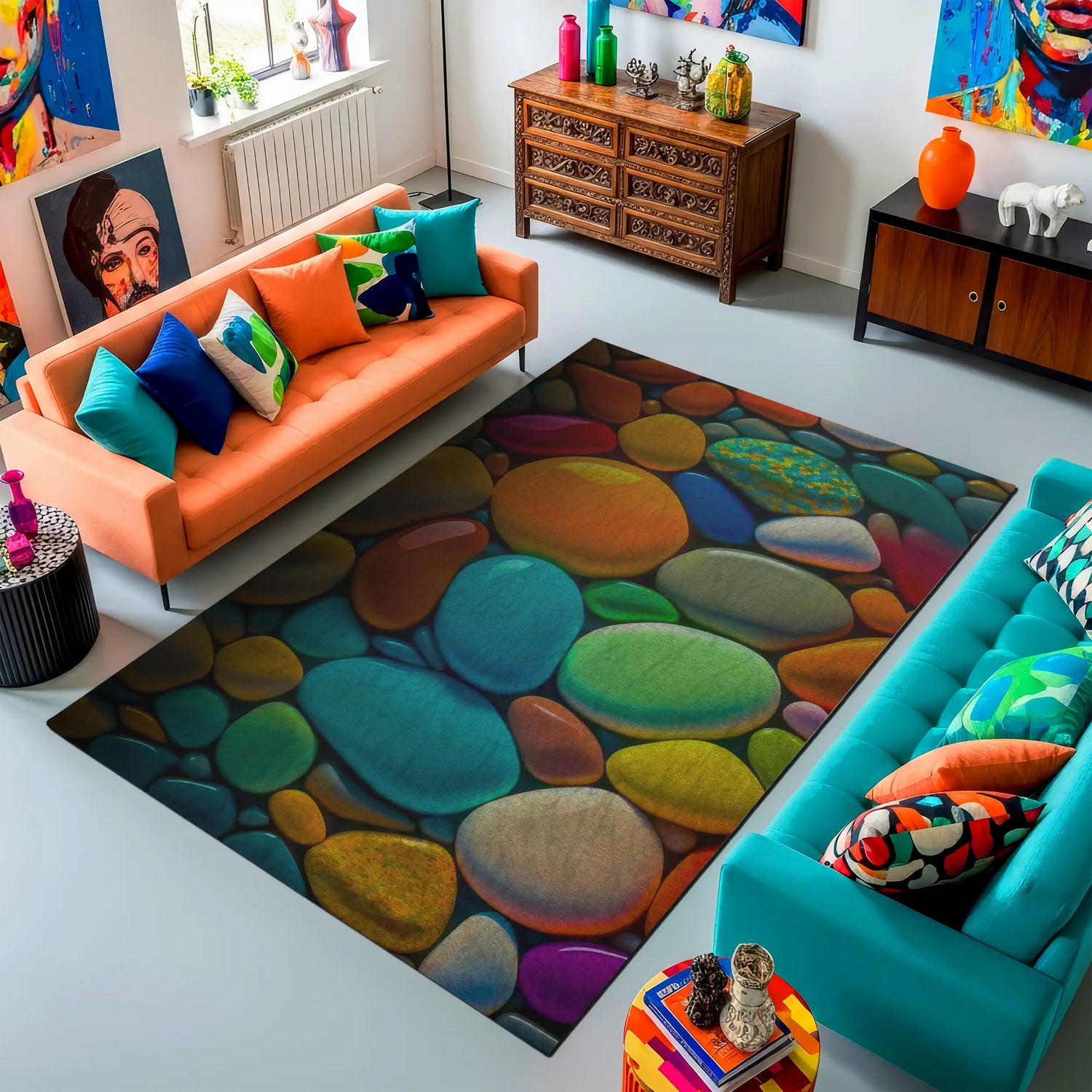 Vibrant Polished Pebble Rug – Colorful Stone Pattern