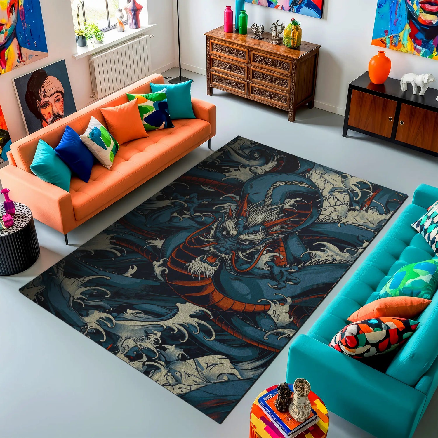 Japanese Blue Dragon Rug – Red Accents, Wave Art, Tattoo Style Carpet
