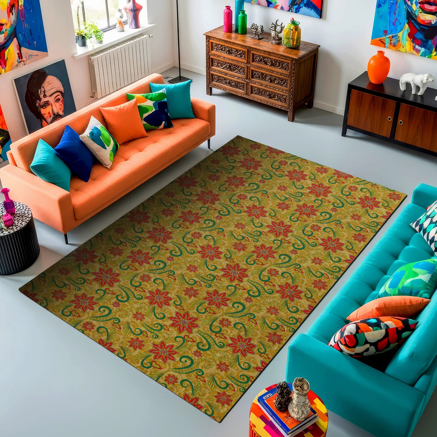 Colorful living room with orange and teal sofas, patterned rug, and decorative items.