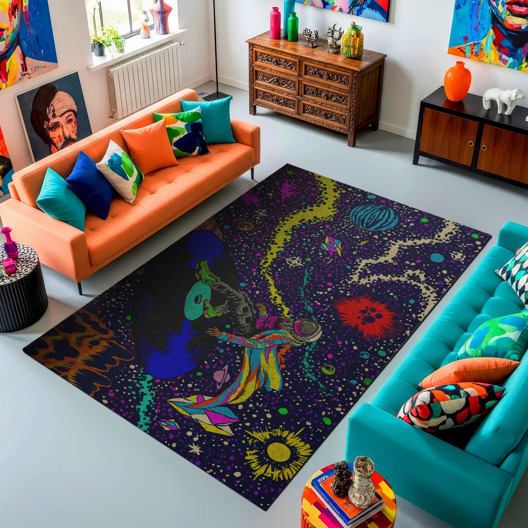Colorful living room with a large abstract rug, orange and teal sofas, and decorative items.