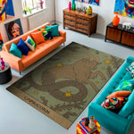 Living room with orange and blue sofas, colorful cushions, and a Capricorn-themed rug.