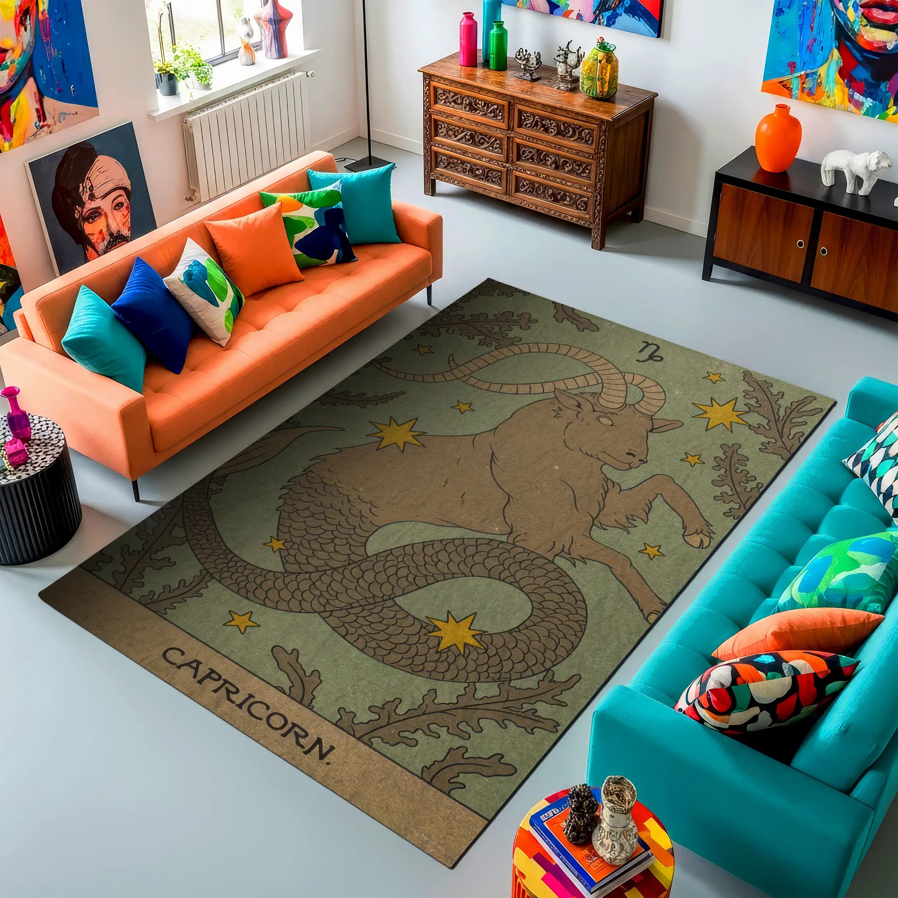 Living room with orange and blue sofas, colorful cushions, and a Capricorn-themed rug.