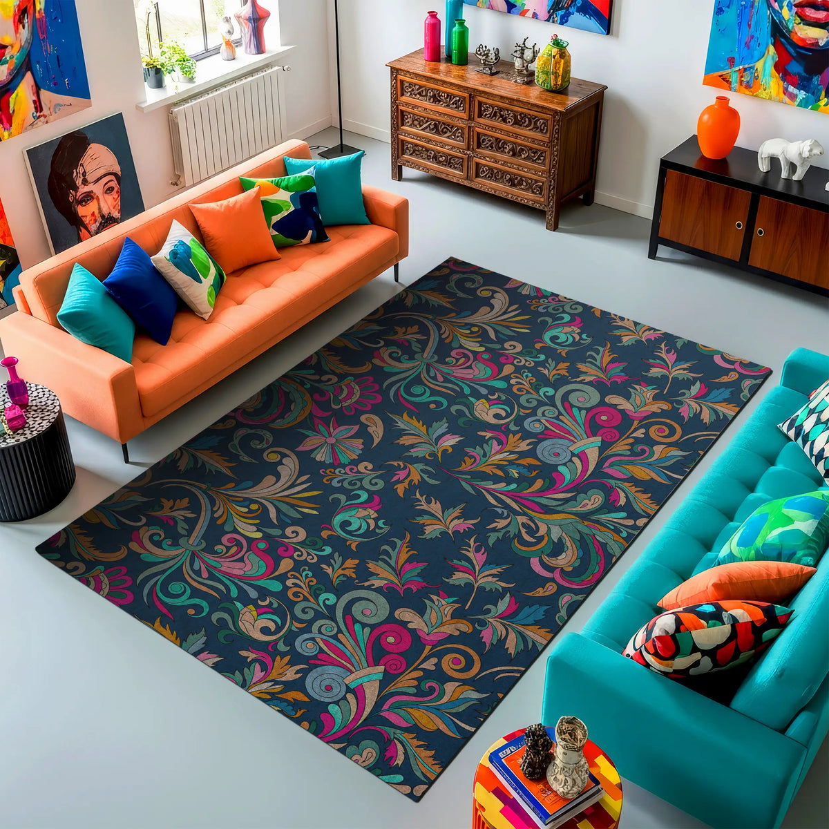 Colorful living room with an orange sofa, turquoise chair, and a patterned rug.