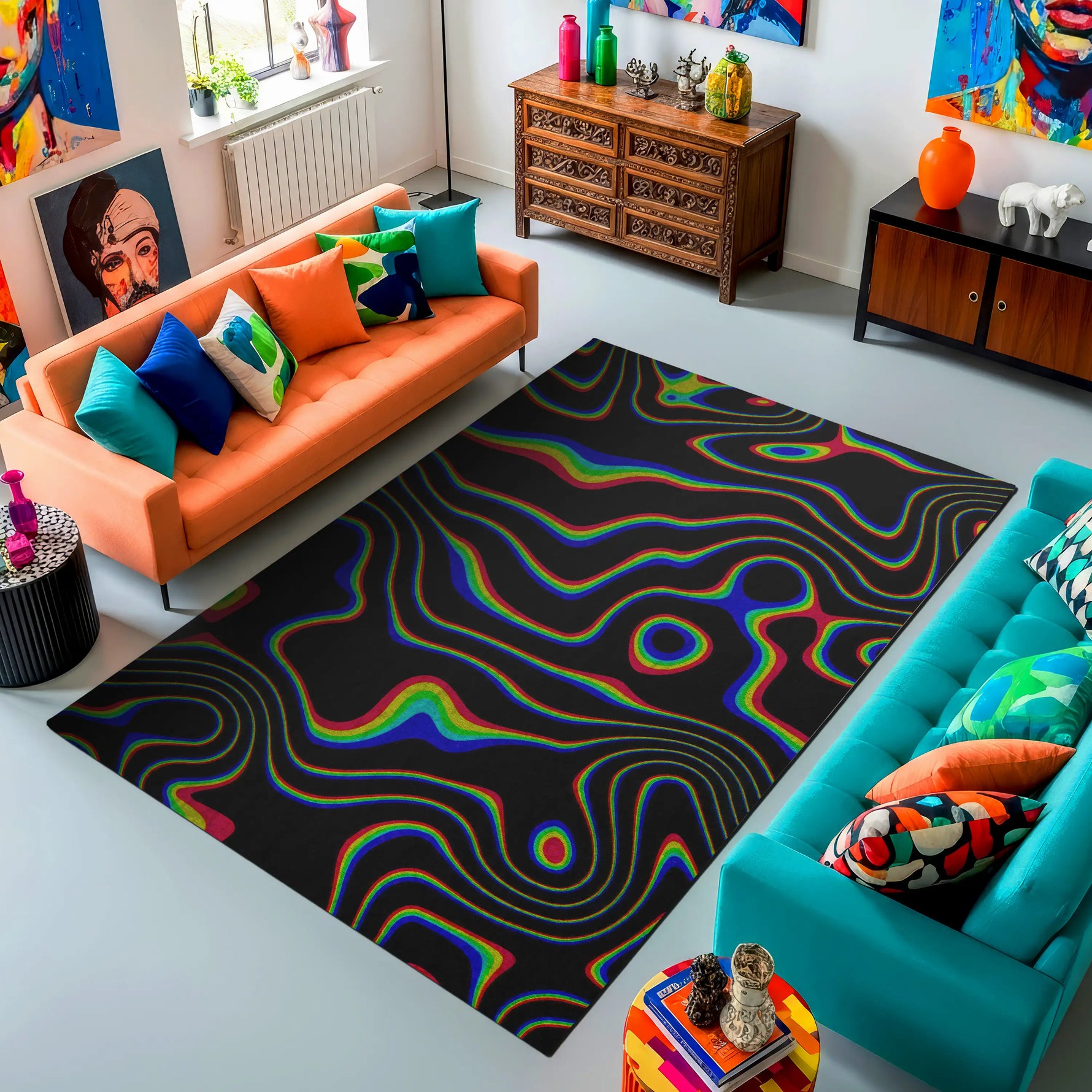 Colorful living room with a black and rainbow rug, orange and blue sofas, and decorative items.