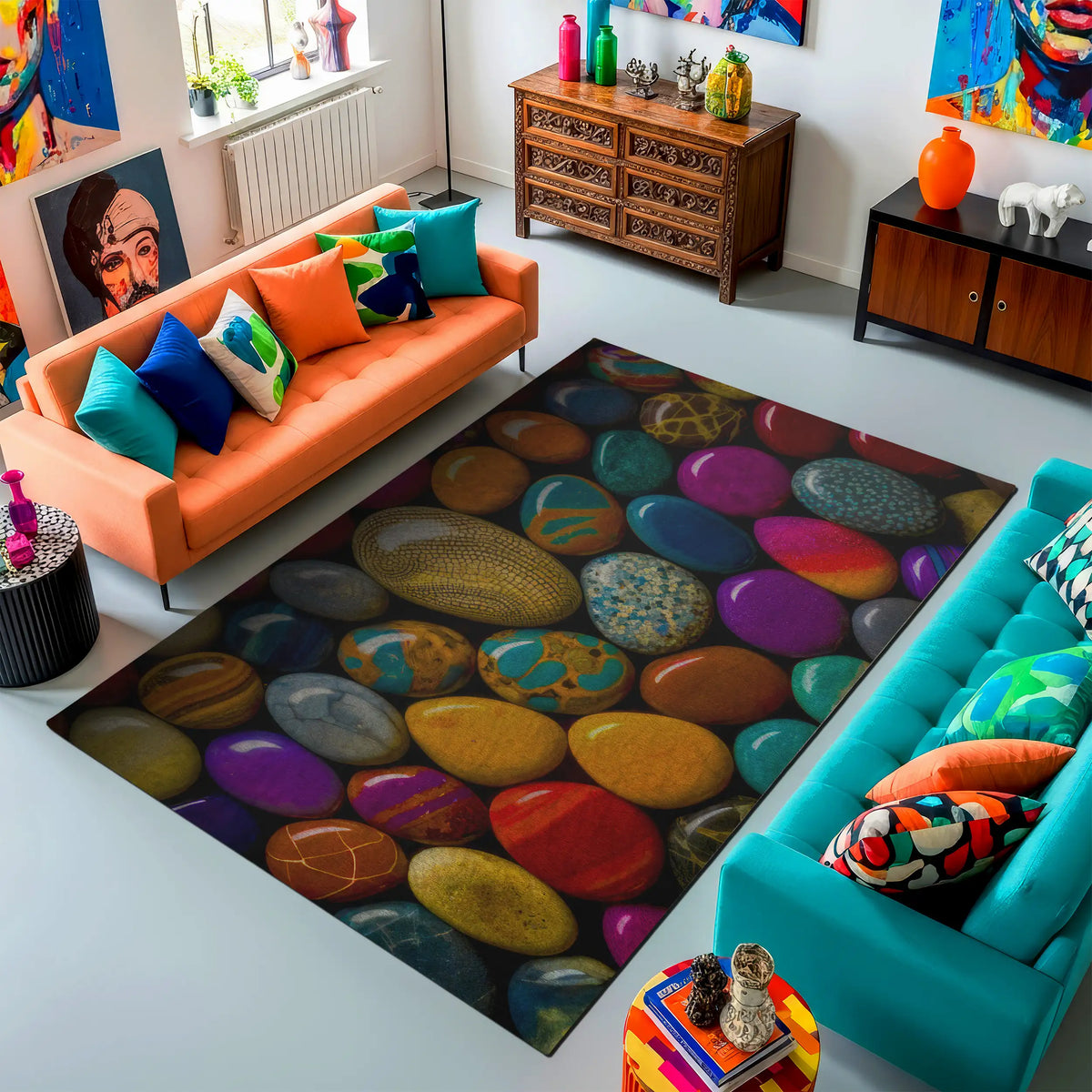 Colorful living room with an orange sofa, turquoise chair, and a stone-patterned rug.
