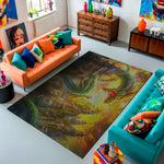 Living room with colorful furniture and a decorative rug featuring a dragon design.