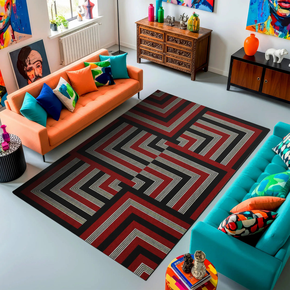 Living room with colorful furniture and a patterned rug


