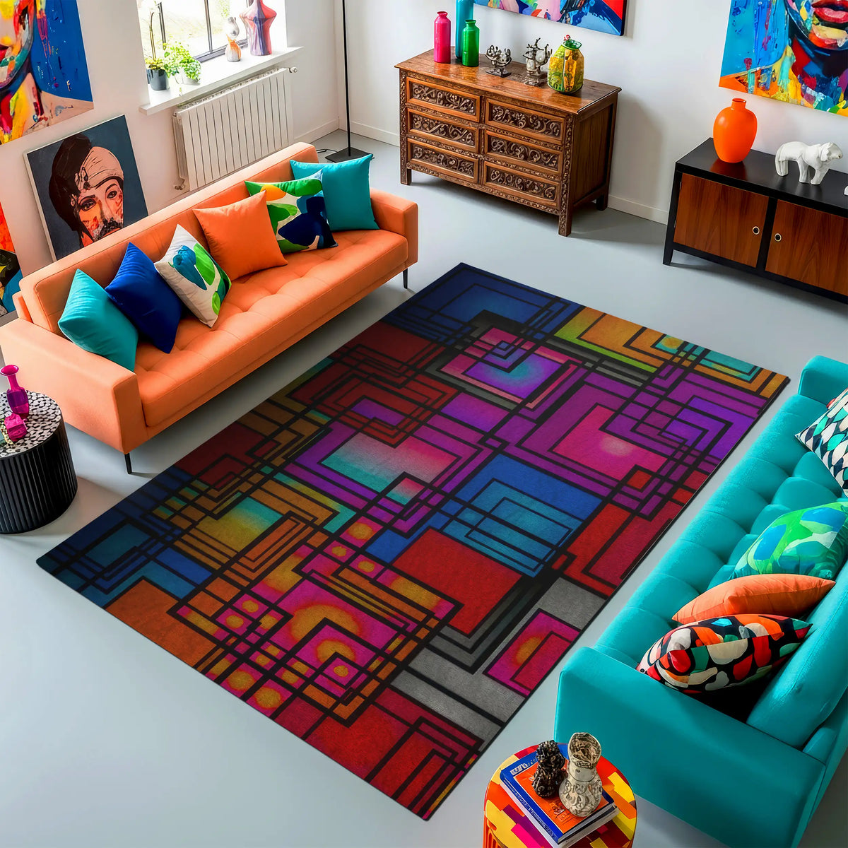Living room with colorful geometric rug, orange and blue sofas, and decorative items.

