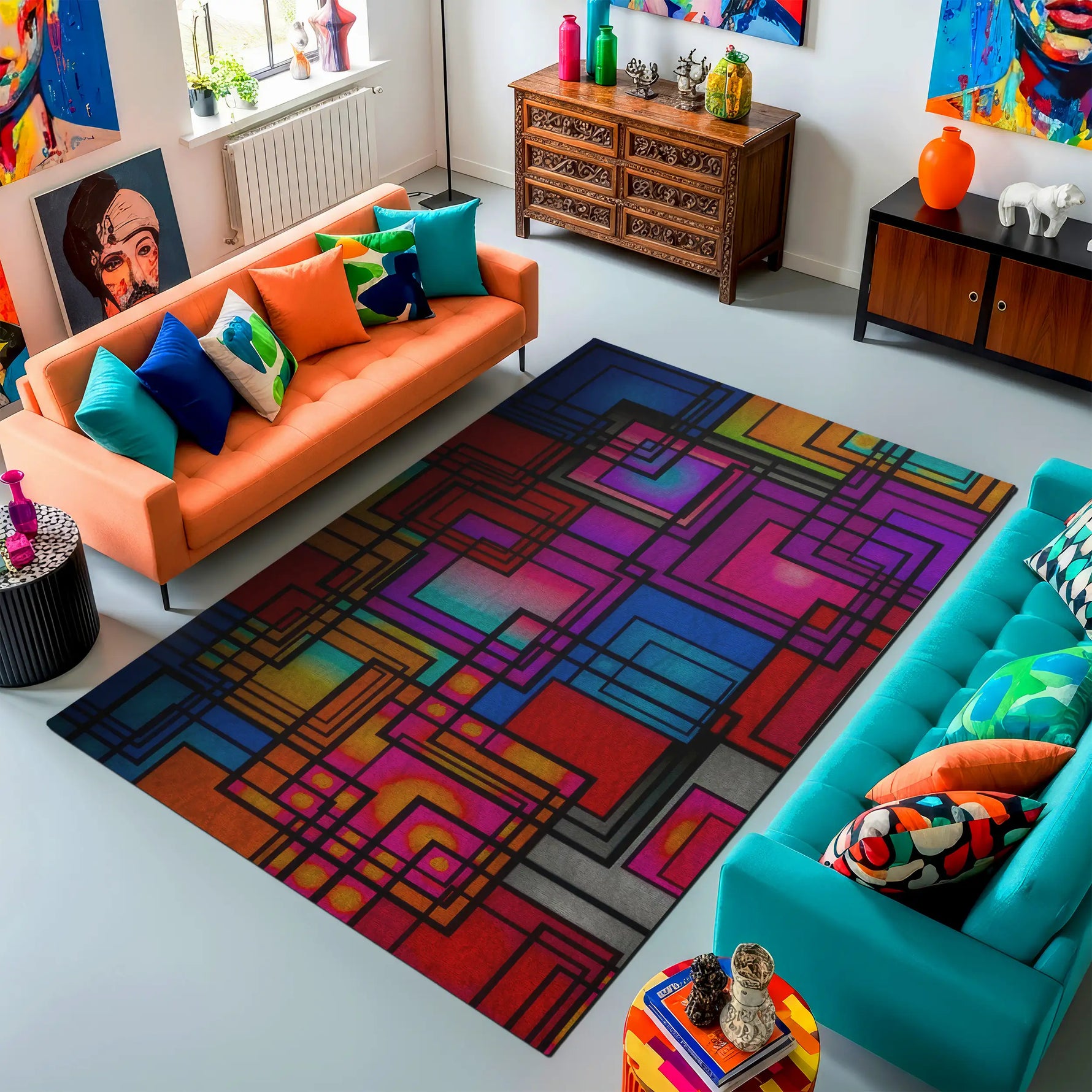 Living room with colorful geometric rug, orange and blue sofas, and decorative items.

