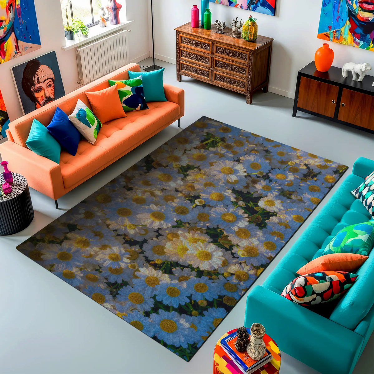 Colorful living room with orange and teal sofas, a floral rug, and decorative items.