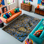 Colorful living room with orange and teal sofas, a floral rug, and decorative items.