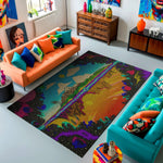 Colorful living room with a large abstract rug, orange and teal sofas, and decorative items.