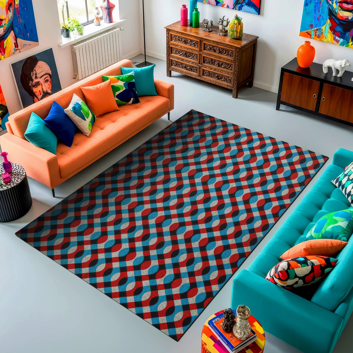 Modern living room with colorful furniture and a patterned rug.