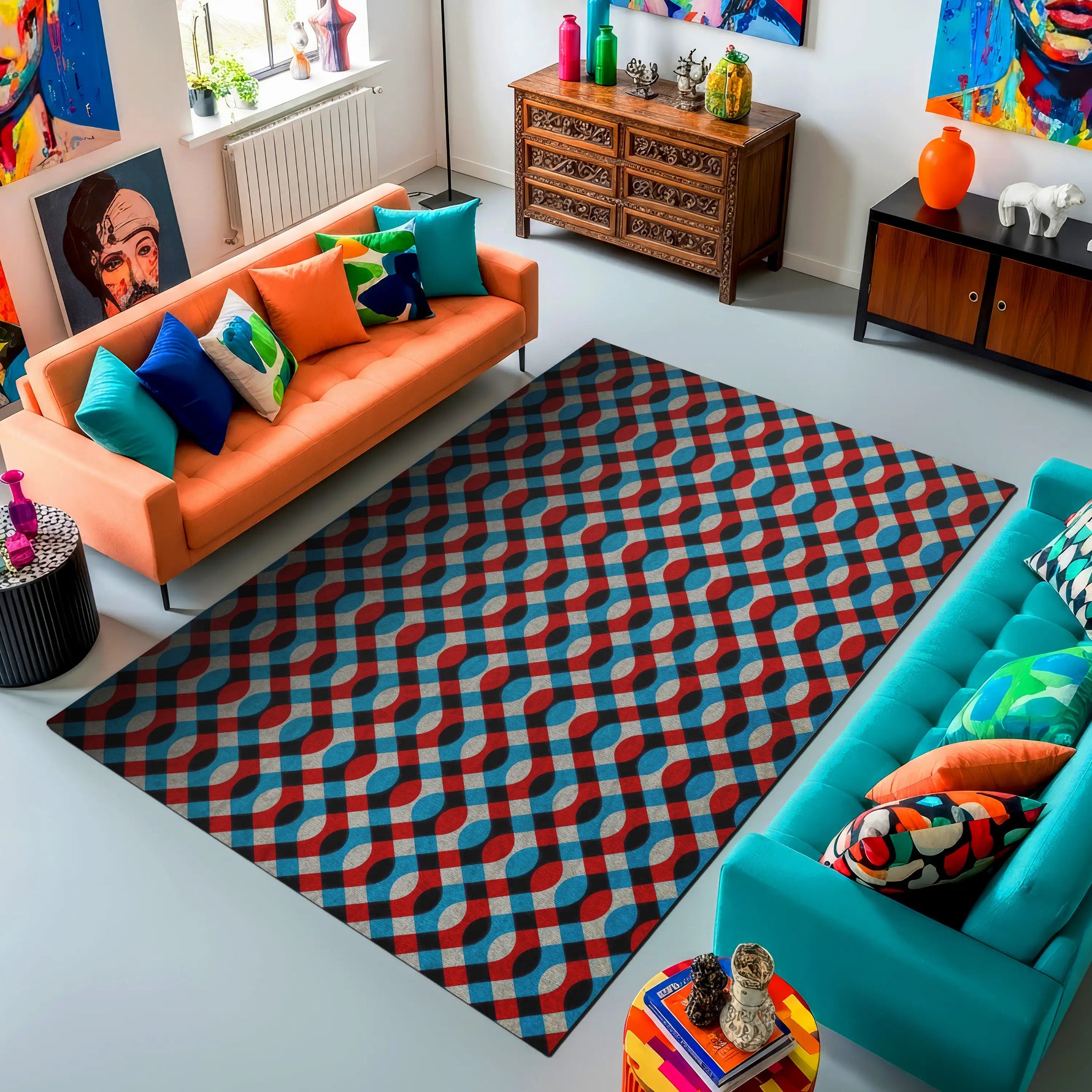 Modern living room with colorful furniture and a patterned rug.