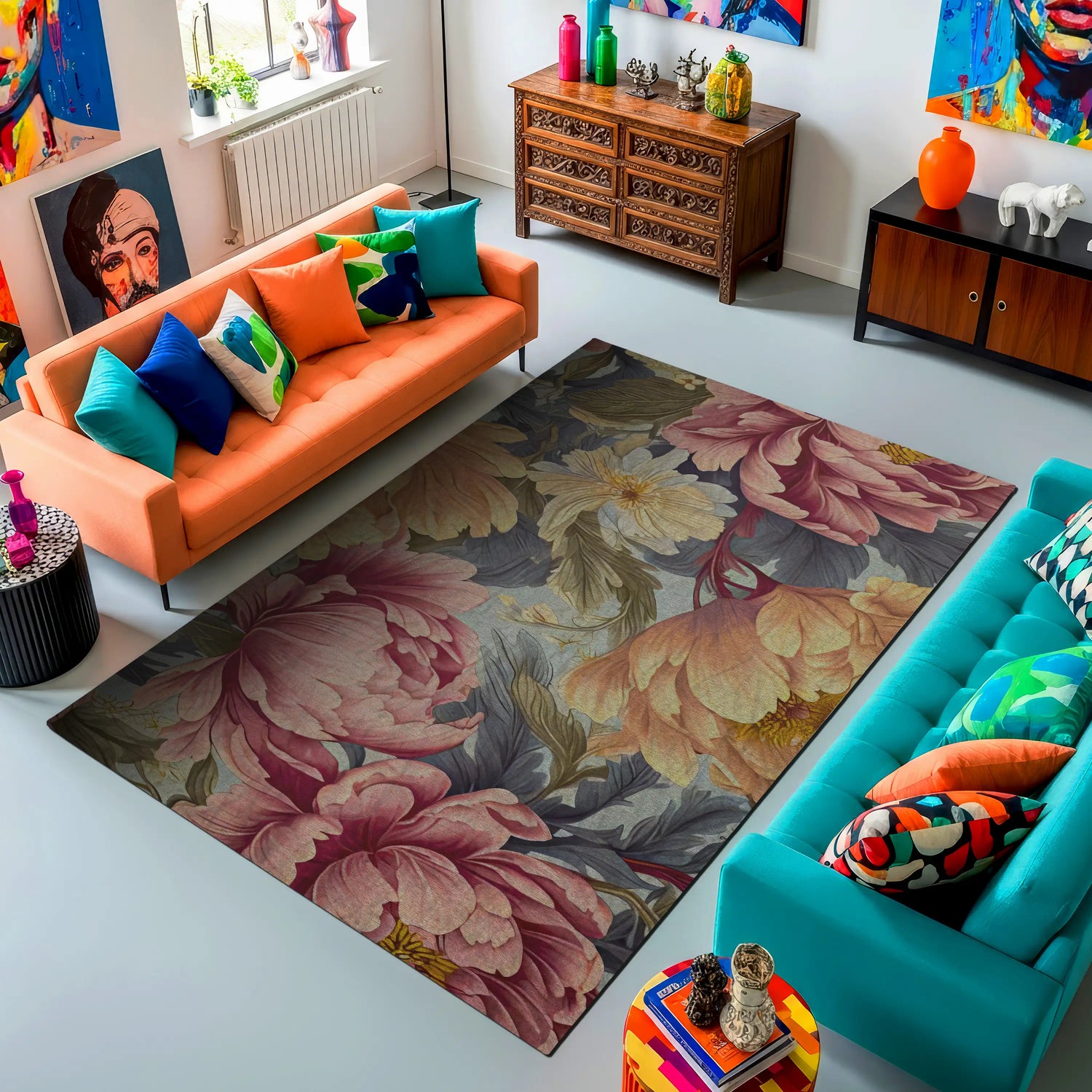 Modern living room with orange and blue sofas, colorful pillows, and a floral rug.