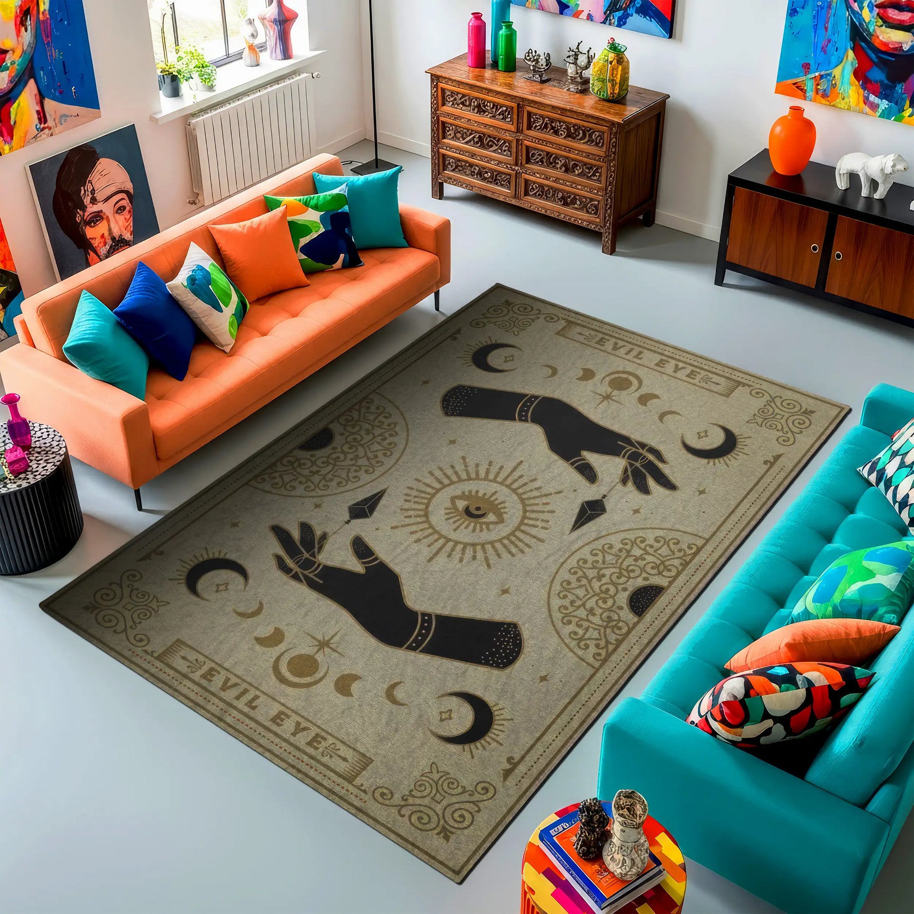 Living room with orange and blue sofas, colorful cushions, and a decorative rug with palmistry design.