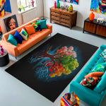 Living room with colorful furniture and a decorative rug featuring a tree design.