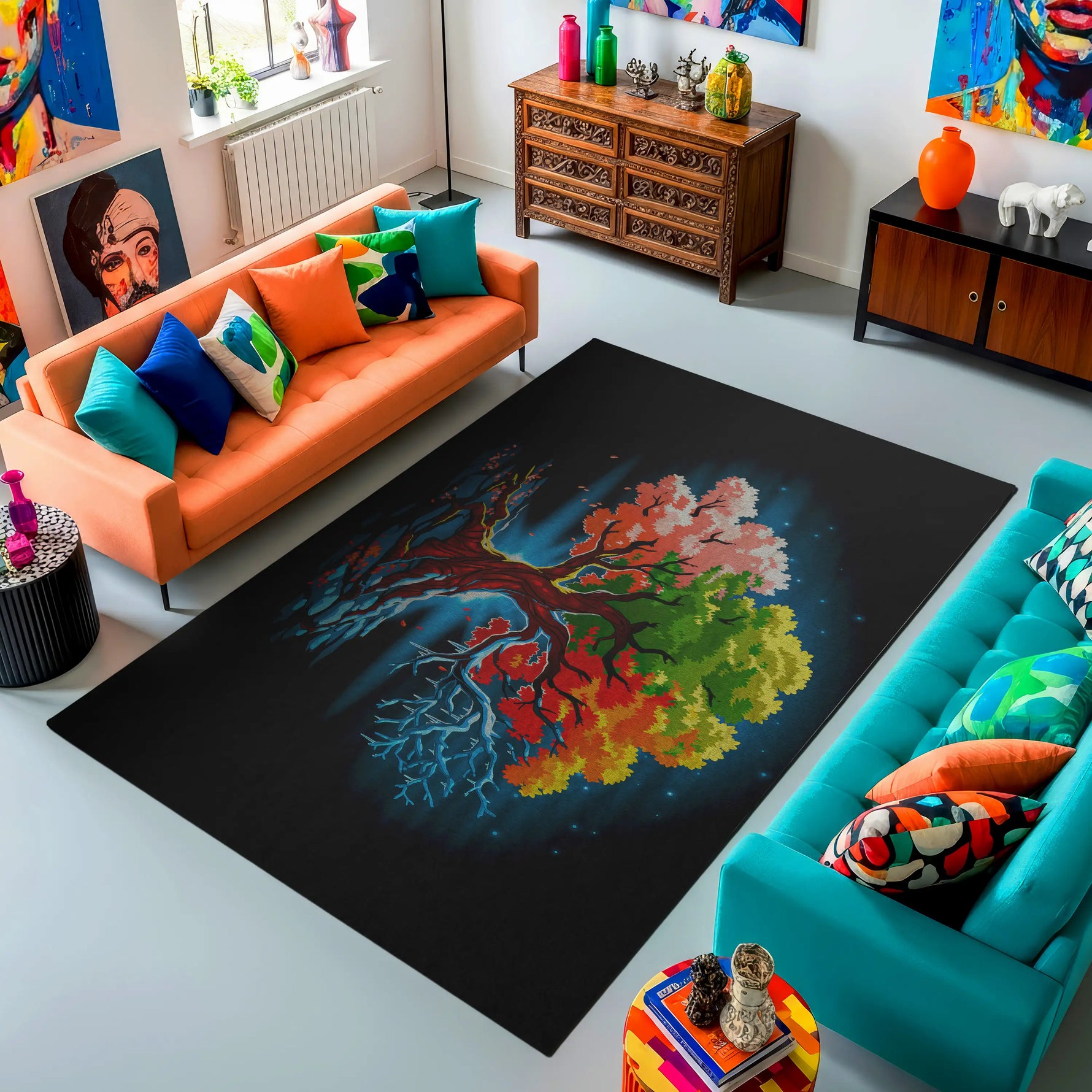 Living room with colorful furniture and a decorative rug featuring a tree design.