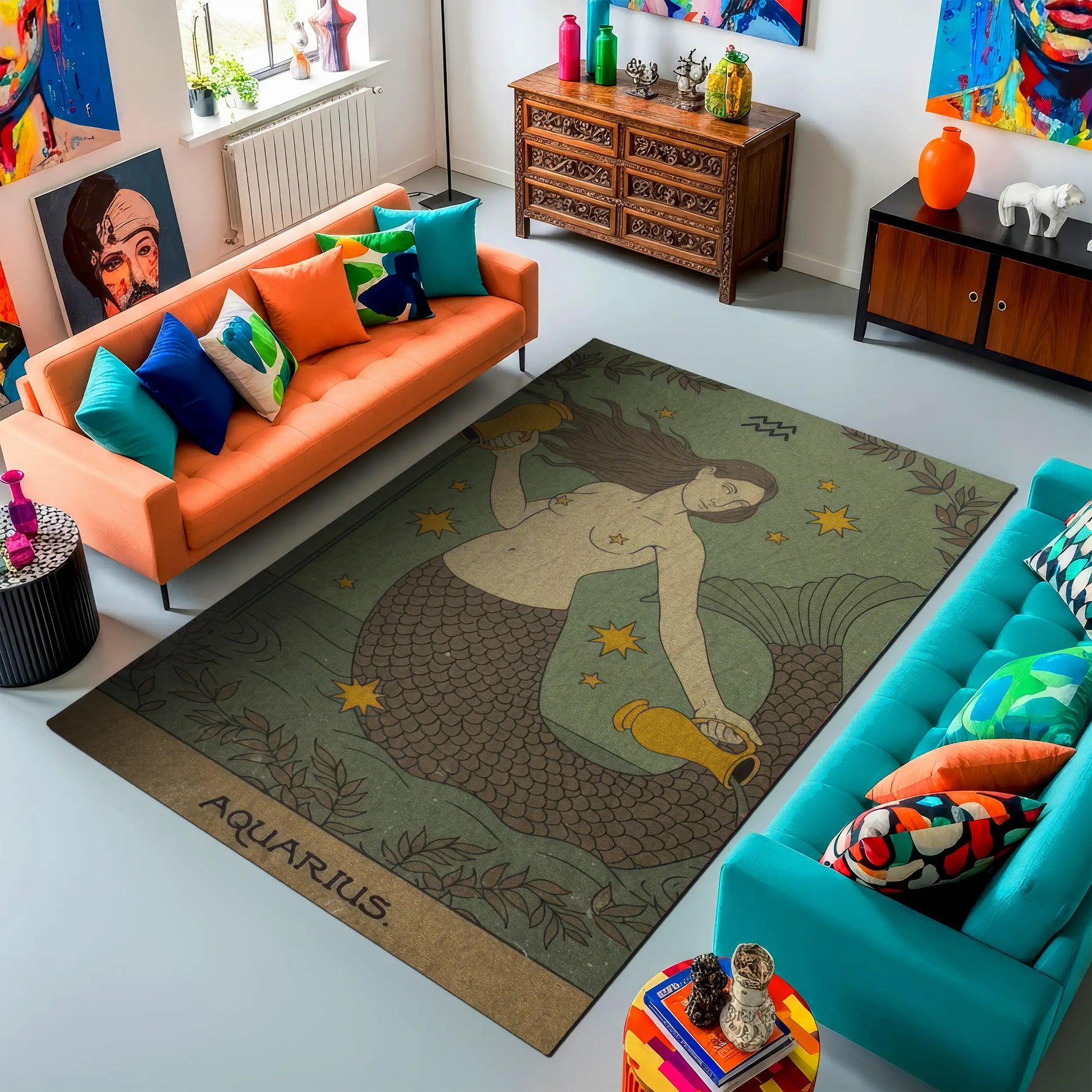Living room with a mermaid-themed 'Aquarius' rug, colorful couches, and decorative items.