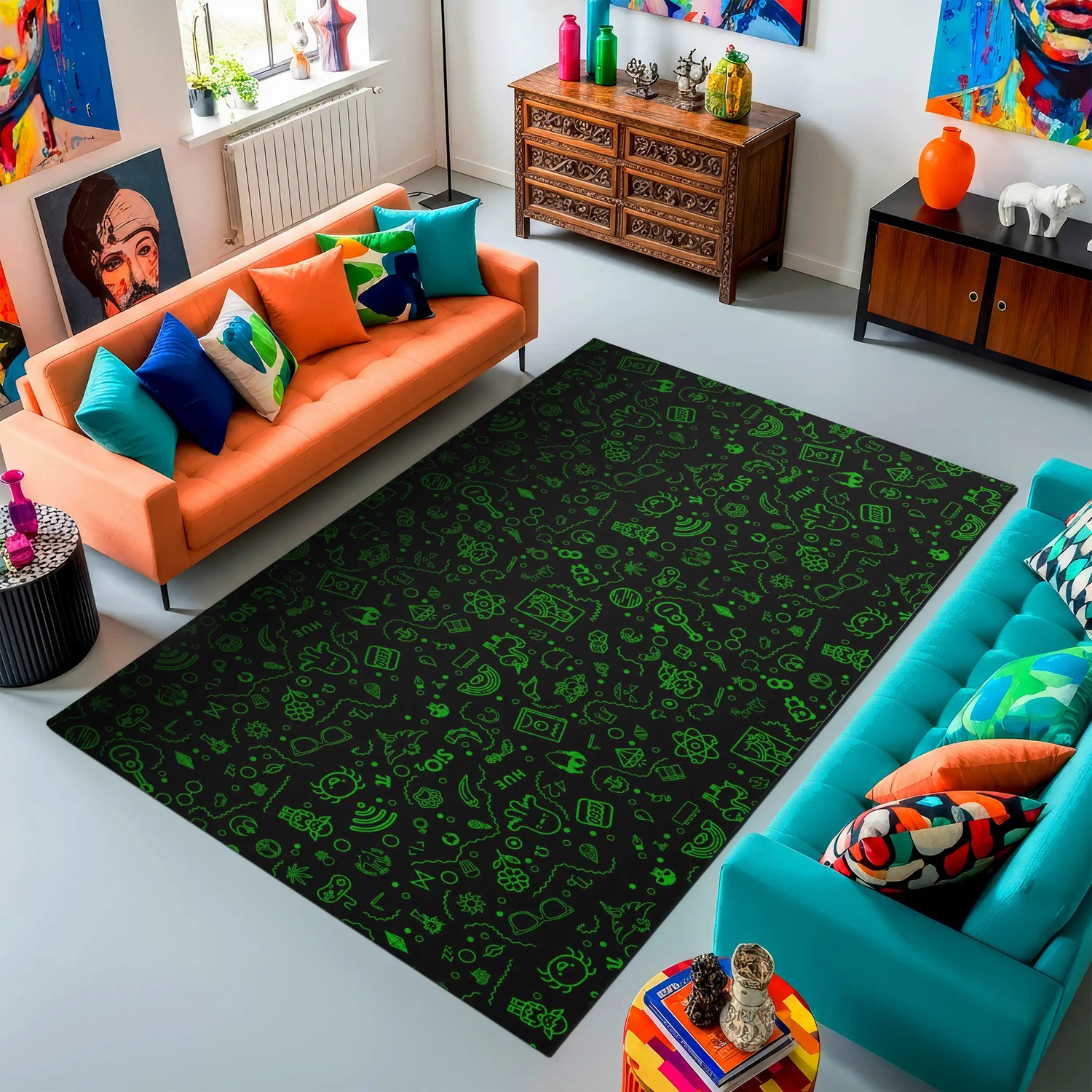 Living room with a black rug featuring green patterns, colorful couches, and decorative items.
