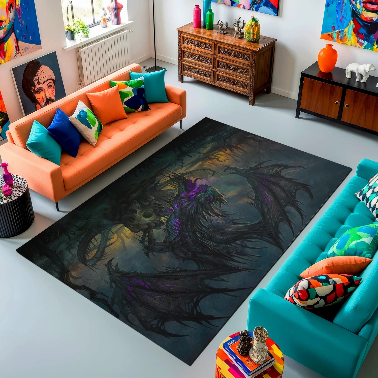 Shadow Inferno Dragon Rug – Dark Fantasy Gothic Art Carpet