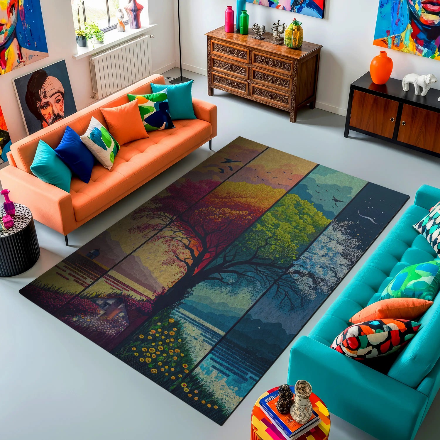 Four Seasons Landscape Art Rug – Colorful Scenic Area Rug