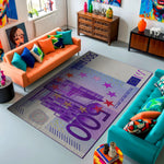 Colorful living room with a large decorative rug featuring a car design.

