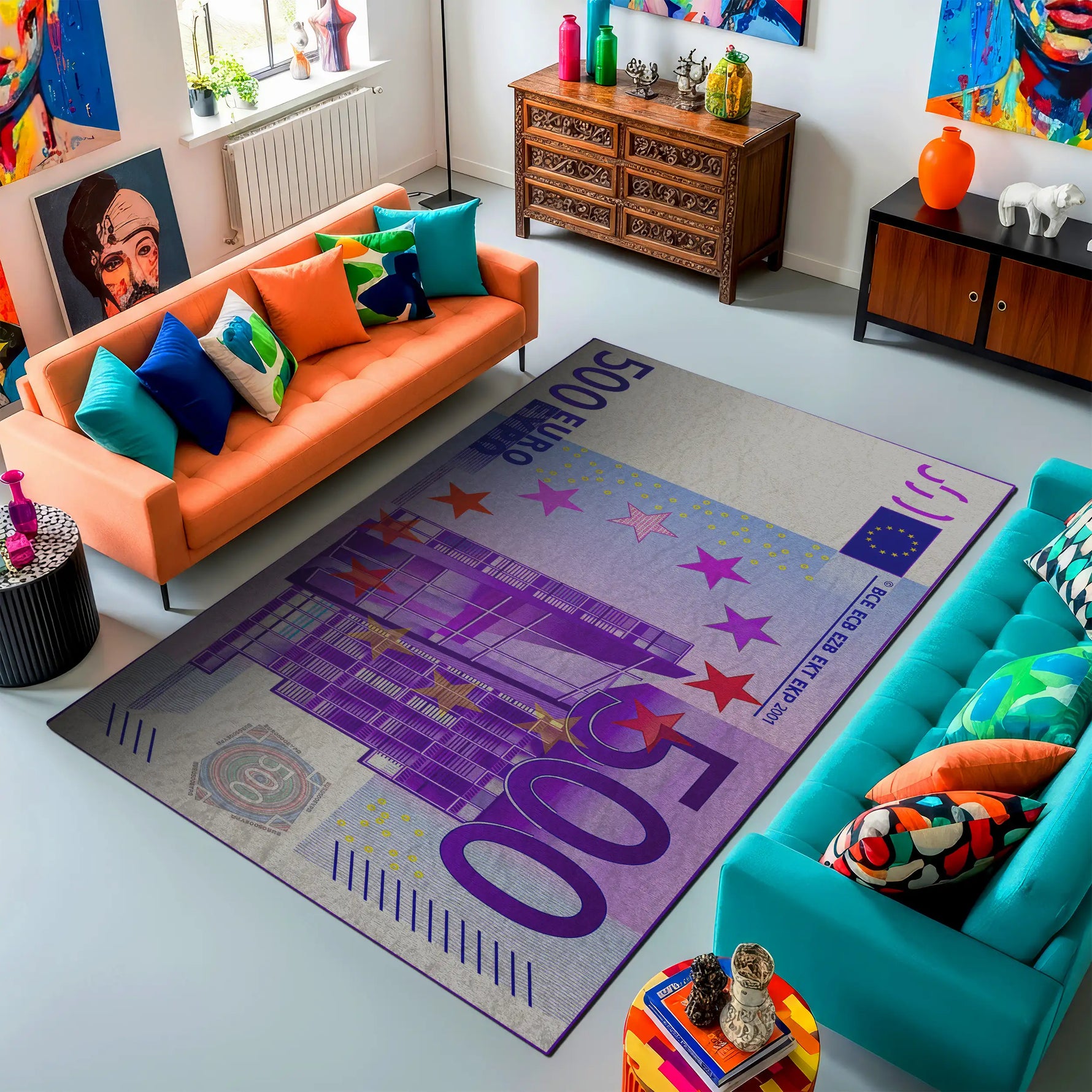 Colorful living room with a large decorative rug featuring a car design.

