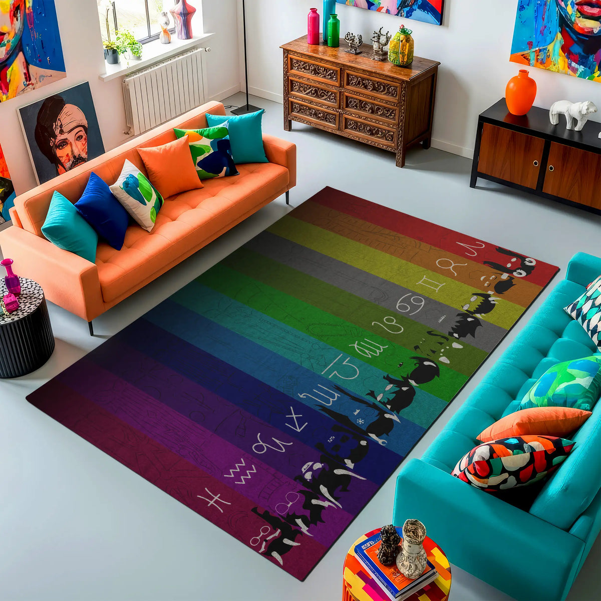 Colorful living room with a rainbow-themed rug, orange and blue sofas, and decorative items.