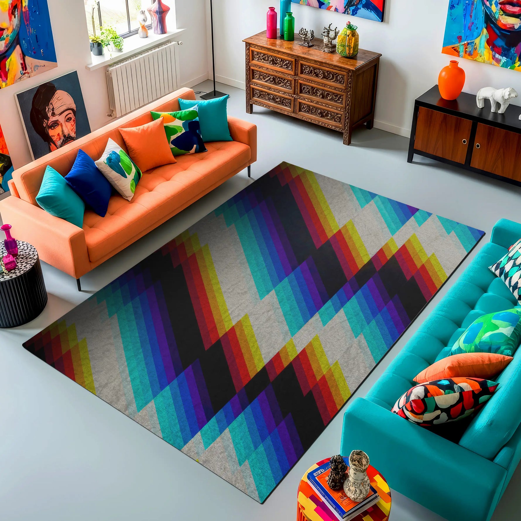 Living room with colorful rug, orange sofa, and turquoise chair.