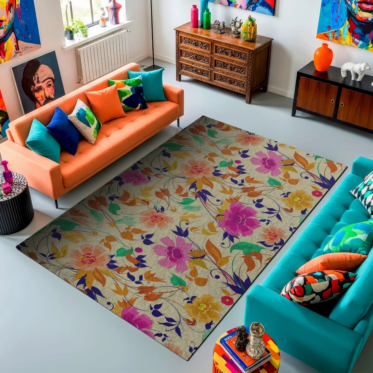 Colorful living room with orange and blue sofas, a floral rug, and decorative items.