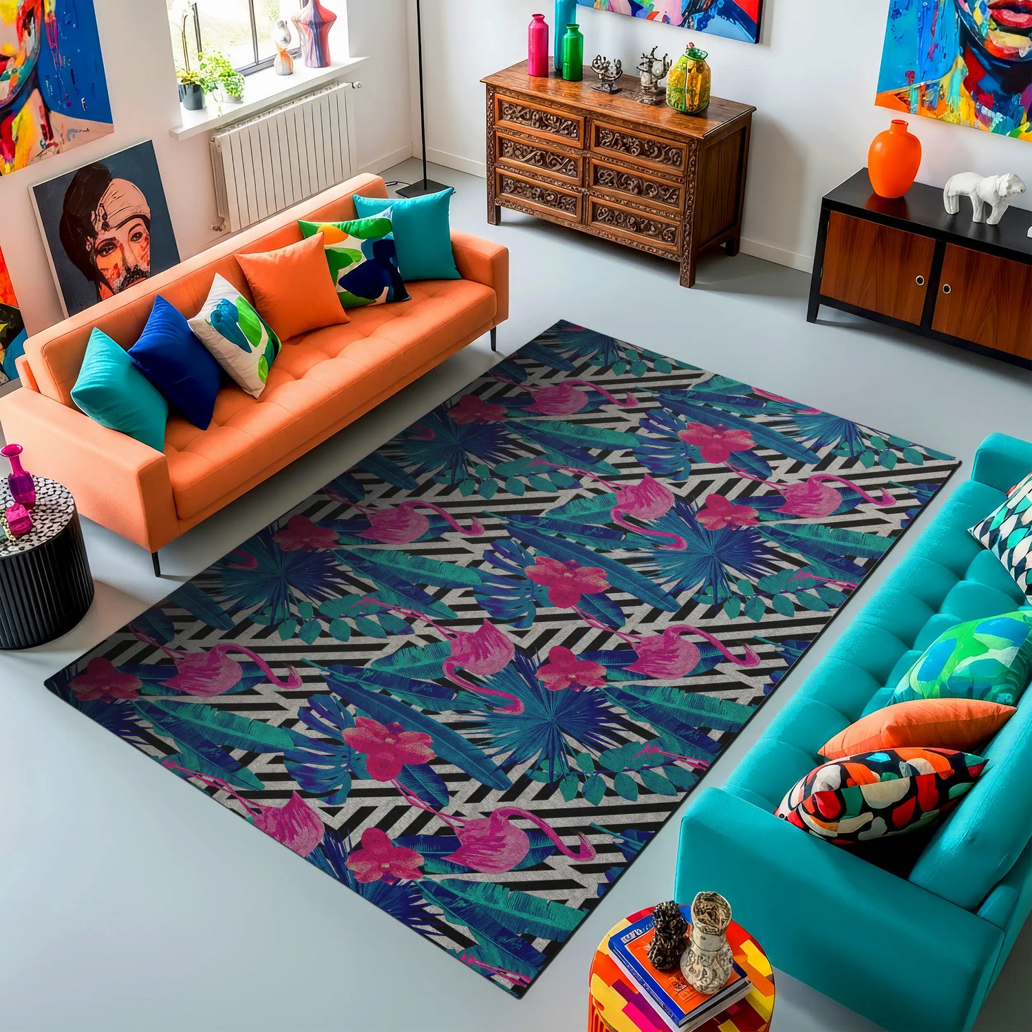 Colorful living room with orange and teal sofas, patterned rug, and decorative items.