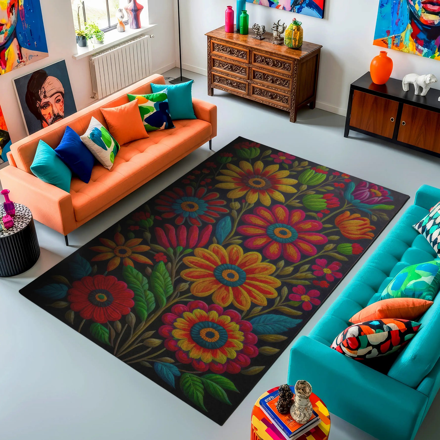 Living room with colorful furniture and a floral rug