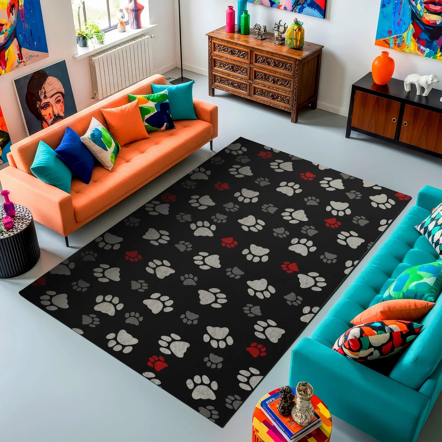 Living room with a black rug featuring paw prints, colorful couches, and decorative items.