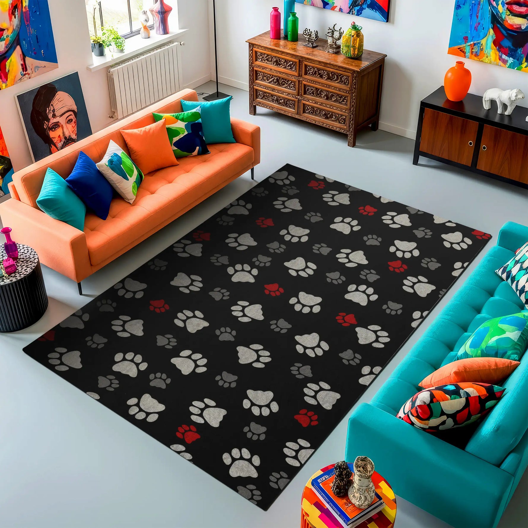 Living room with a black rug featuring paw prints, colorful couches, and decorative items.