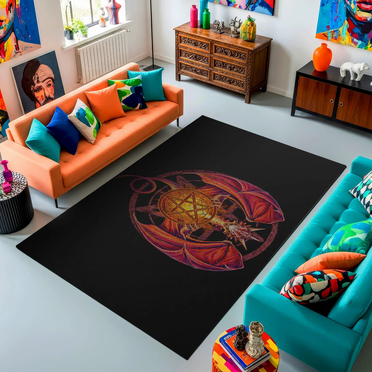 Living room with a black rug featuring a colorful design, orange sofa, and teal sofa.