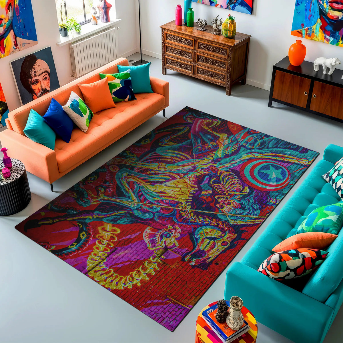 Colorful living room with orange and blue sofas, a vibrant rug, and decorative items.
