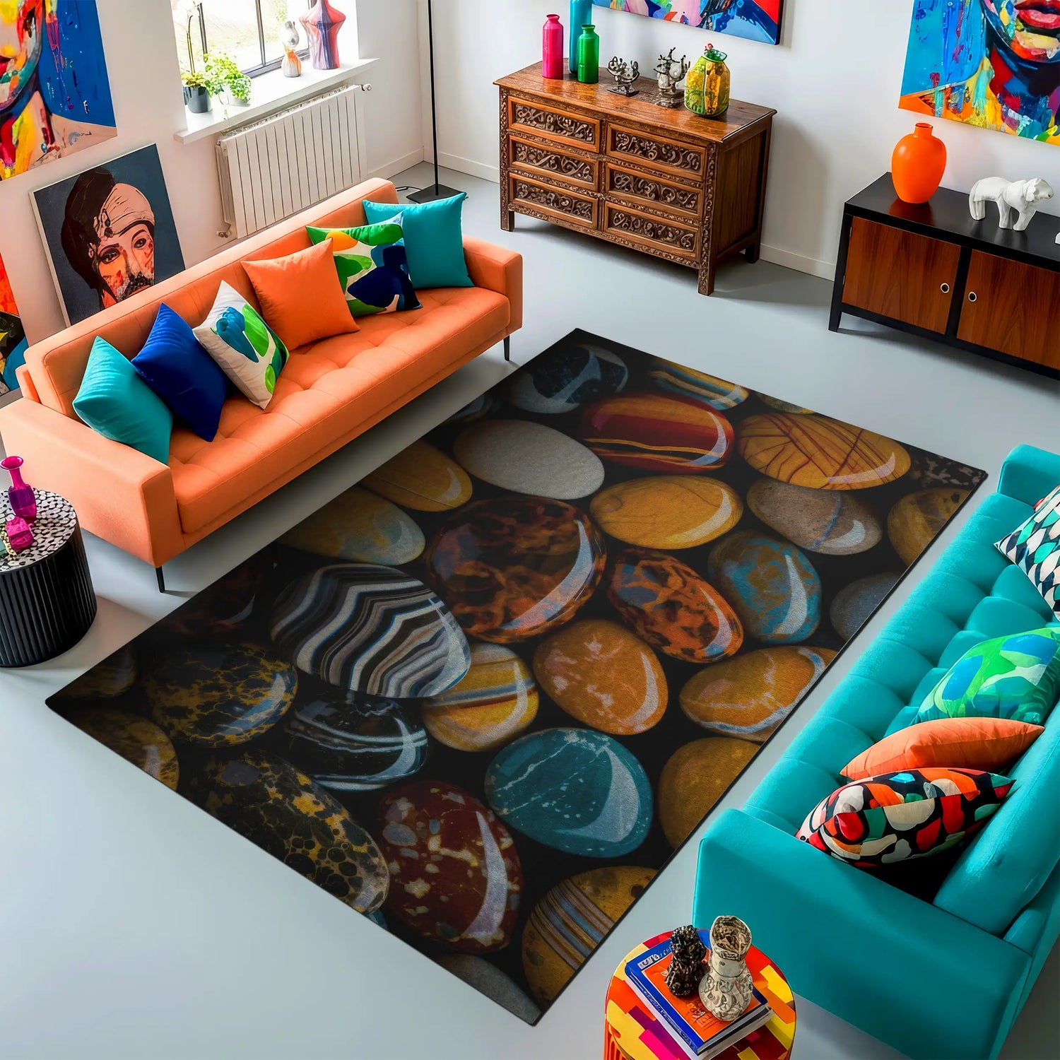 Modern living room with colorful furniture and a patterned rug.