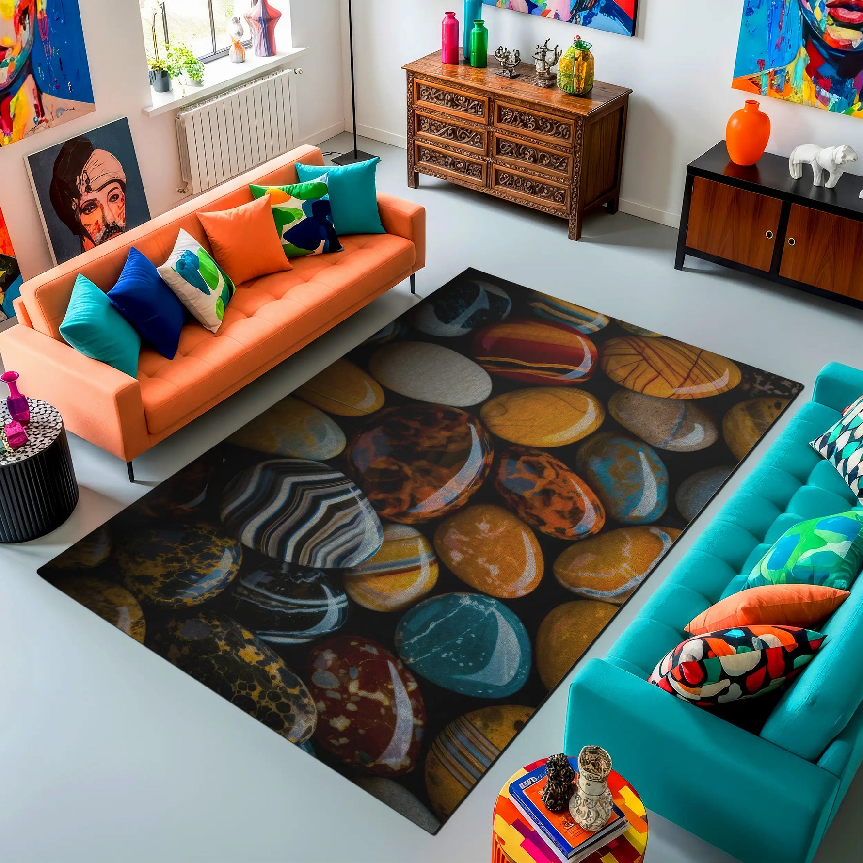 Modern living room with colorful furniture and a patterned rug.