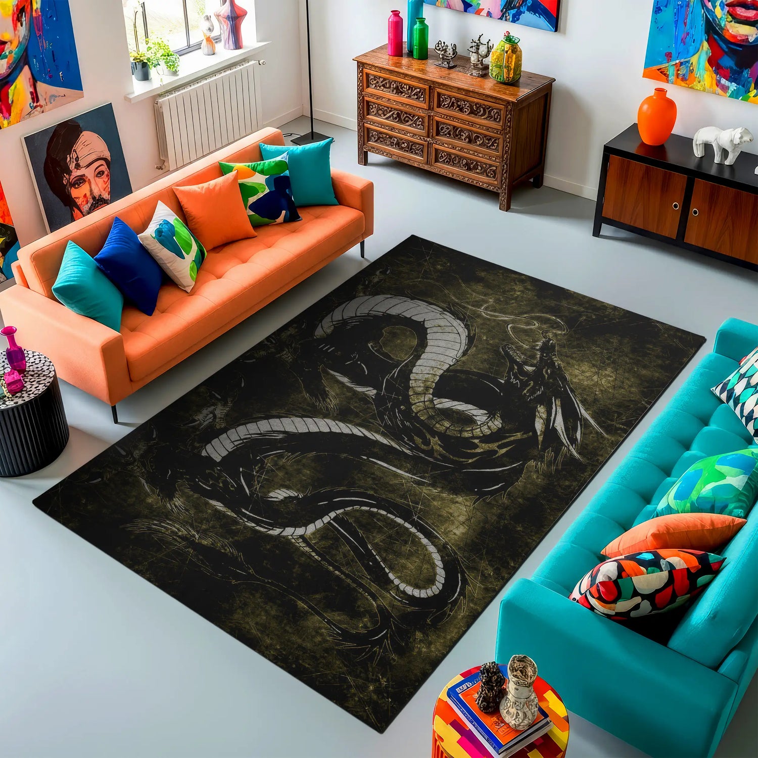 Living room with a large decorative rug featuring a dragon design, surrounded by colorful furniture and decor.