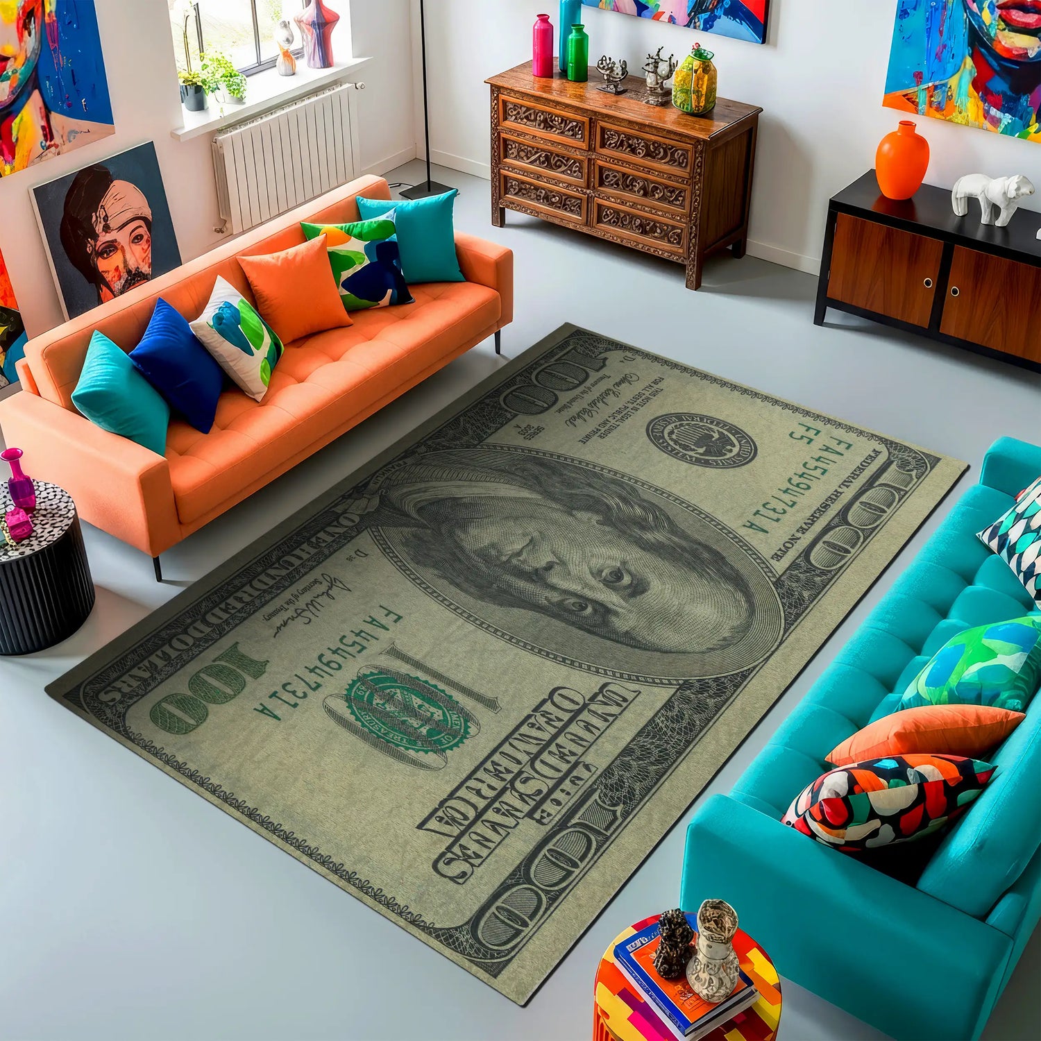 Pop Art Money Rug – $100 Dollar Bill Design