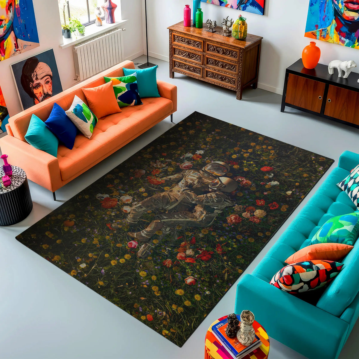 Living room with colorful furniture and a large decorative rug.