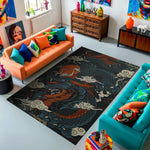 Modern living room with colorful furniture and a decorative rug.